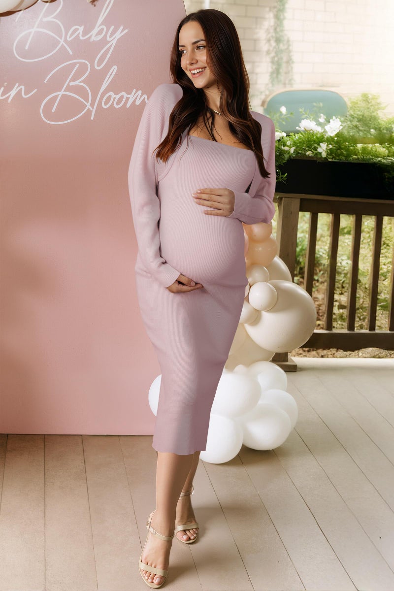 OUGES Women's 2025 2 Piece Maternity Sweater Dress Sets Midi Long Sleeve Winter Fall Cardigan Baby Shower Gender Reveal Wedding Guest Photoshoot Tube Pregnancy Must Have Outfits Clothes(Grey Pink,M) - Image 2