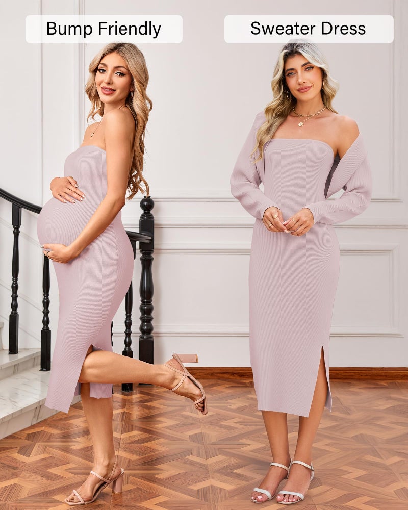 OUGES Women's 2025 2 Piece Maternity Sweater Dress Sets Midi Long Sleeve Winter Fall Cardigan Baby Shower Gender Reveal Wedding Guest Photoshoot Tube Pregnancy Must Have Outfits Clothes(Grey Pink,M) - Image 4