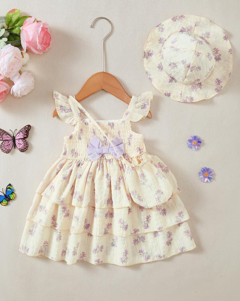SODLON Baby Girl Clothes 12 18 Months Baby Dress Summer Infant Sleeveless Three Layers Dresses Ruffle Smocked Beige Purple Floral Princess Dress Cute Boho Outfits Beach Casual Sundress with Hat - Image 5