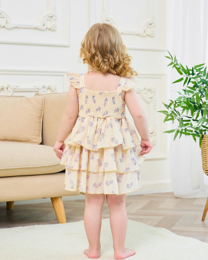 SODLON Baby Girl Clothes 12 18 Months Baby Dress Summer Infant Sleeveless Three Layers Dresses Ruffle Smocked Beige Purple Floral Princess Dress Cute Boho Outfits Beach Casual Sundress with Hat - Image 4