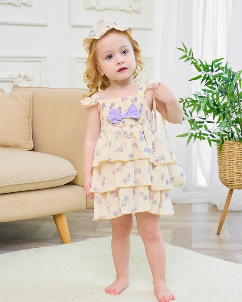 SODLON Baby Girl Clothes 12 18 Months Baby Dress Summer Infant Sleeveless Three Layers Dresses Ruffle Smocked Beige Purple Floral Princess Dress Cute Boho Outfits Beach Casual Sundress with Hat - Image 2