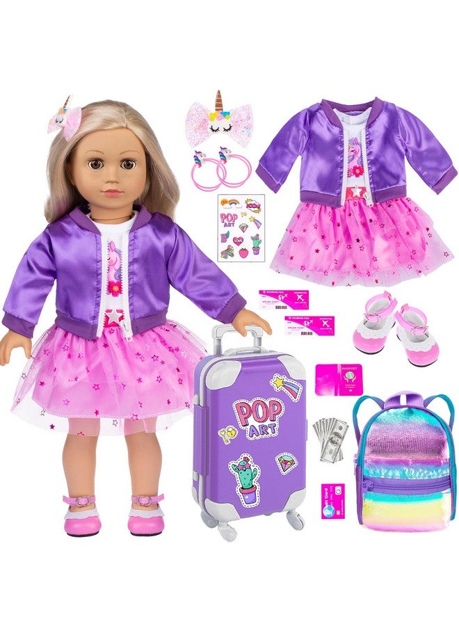 ebuddy 18 Inch Doll Clothes and Accessories Travel Set with Suitcase, Includes Jacket, Purple Dress, Hairpin, Hair Rings, Makeup, Sticker - Image 1
