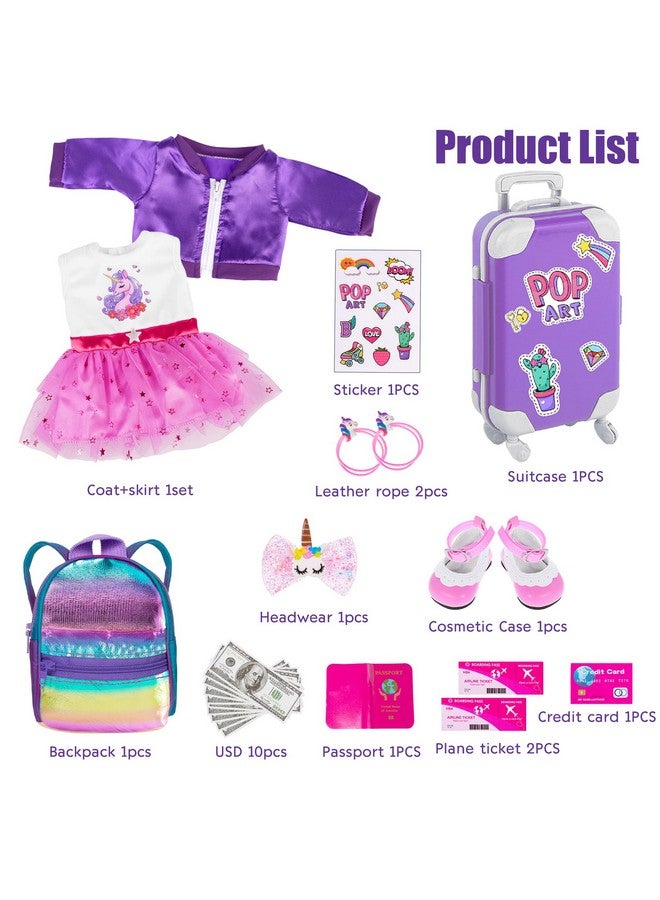 ebuddy 18 Inch Doll Clothes and Accessories Travel Set with Suitcase, Includes Jacket, Purple Dress, Hairpin, Hair Rings, Makeup, Sticker - Image 2