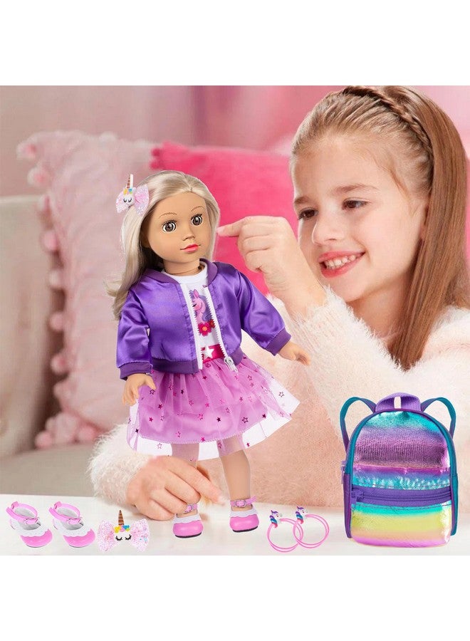 ebuddy 18 Inch Doll Clothes and Accessories Travel Set with Suitcase, Includes Jacket, Purple Dress, Hairpin, Hair Rings, Makeup, Sticker - Image 5