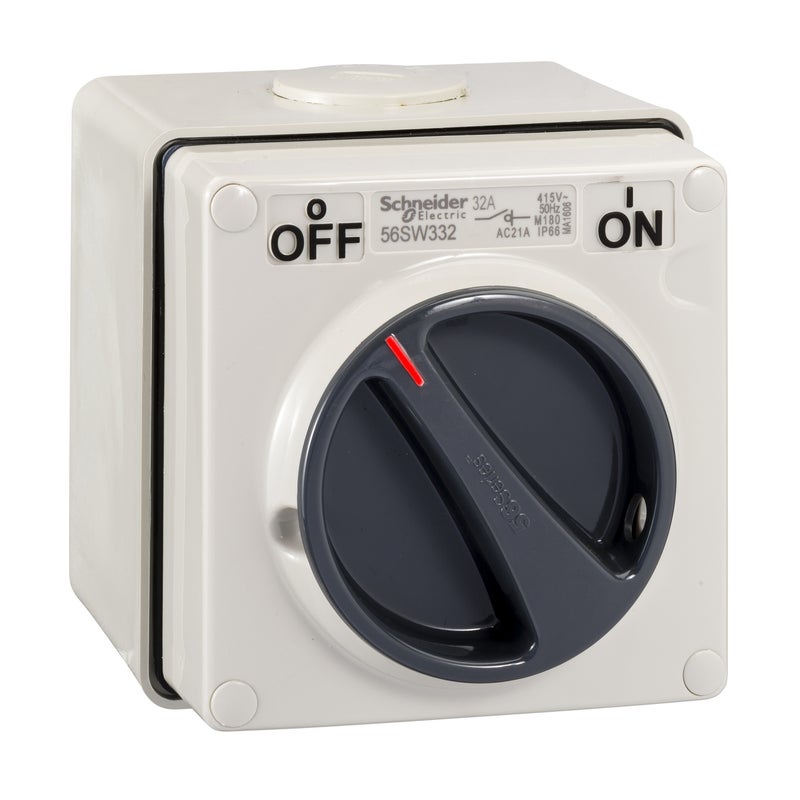 مفتاح عزل 32A 500V 3 أقطاب من شنايدر إلكتريك WPS، مقاوم للماء IP66، رمادي - S56SW332GY