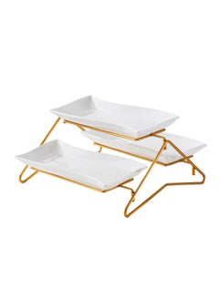 Shallow Shallow Elegant Porcelain 2 Tier Rectangle White Plate with Gold Stand  - Image 1