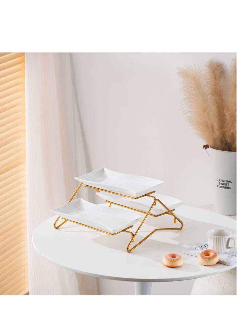 Shallow Shallow Elegant Porcelain 2 Tier Rectangle White Plate with Gold Stand  - Image 3