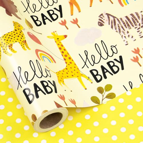 RUSPEPA Baby Shower Reversible Wrapping Paper Roll Mini Roll Hello Baby Theme with Giraffe Zebra Bear Deer Rainbow Yellow Polka Dots Gift Wrap for Birthday Newborn Gift 17 Inch x 98 Feet - Image 3