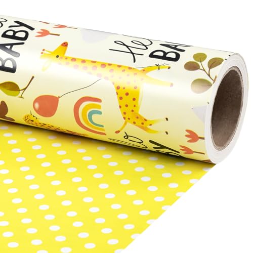 RUSPEPA Baby Shower Reversible Wrapping Paper Roll Mini Roll Hello Baby Theme with Giraffe Zebra Bear Deer Rainbow Yellow Polka Dots Gift Wrap for Birthday Newborn Gift 17 Inch x 98 Feet - Image 1