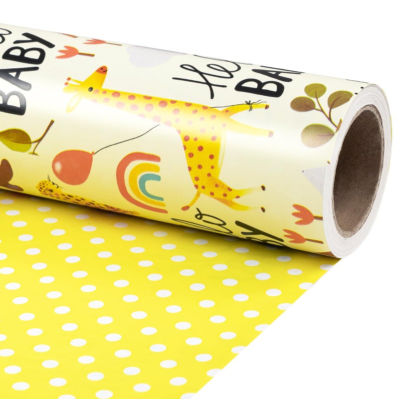 RUSPEPA Baby Shower Reversible Wrapping Paper Roll Mini Roll Hello Baby Theme with Giraffe Zebra Bear Deer Rainbow Yellow Polka Dots Gift Wrap for Birthday Newborn Gift 17 Inch x 98 Feet - Image 2