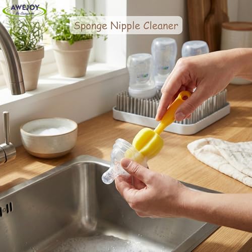 AWEJOY 5-in-1 Baby Bottle Cleaning Brush Set | Includes Nipple, Straw & Sponge Brushes | Safe Nylon Bristles for Feeding Bottles & Nipples (Yellow) - Image 4