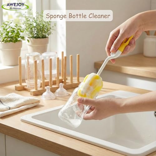AWEJOY 5-in-1 Baby Bottle Cleaning Brush Set | Includes Nipple, Straw & Sponge Brushes | Safe Nylon Bristles for Feeding Bottles & Nipples (Yellow) - Image 3