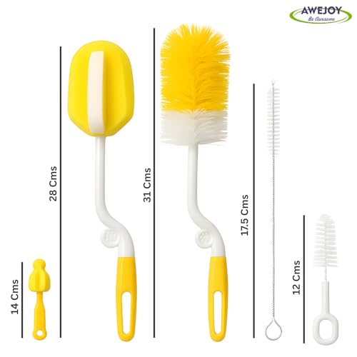 AWEJOY 5-in-1 Baby Bottle Cleaning Brush Set | Includes Nipple, Straw & Sponge Brushes | Safe Nylon Bristles for Feeding Bottles & Nipples (Yellow) - Image 2