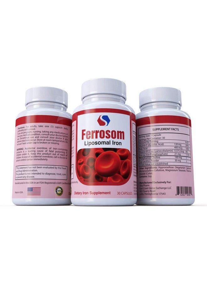 Ferrosom - L Iron Supplements By Siba Pharm ; Ferrosom Dietry Iron Vitamins Supplement ; Rich In Vitamin C B12 Folic Acid; Non Gmo Vegan Premium Quality; Helps New Blood Cell Production ; 30 Capsules - Image 1