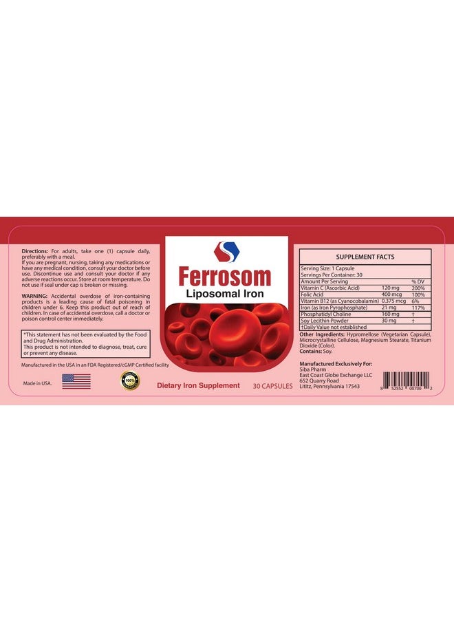 Ferrosom - L Iron Supplements By Siba Pharm ; Ferrosom Dietry Iron Vitamins Supplement ; Rich In Vitamin C B12 Folic Acid; Non Gmo Vegan Premium Quality; Helps New Blood Cell Production ; 30 Capsules - Image 1