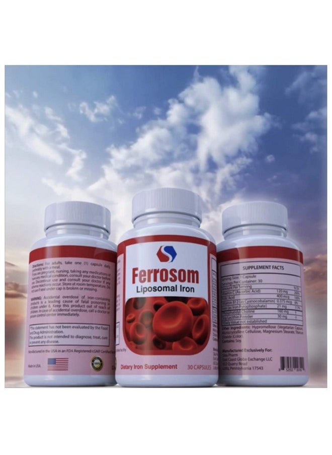 Ferrosom - L Iron Supplements By Siba Pharm ; Ferrosom Dietry Iron Vitamins Supplement ; Rich In Vitamin C B12 Folic Acid; Non Gmo Vegan Premium Quality; Helps New Blood Cell Production ; 30 Capsules - Image 1