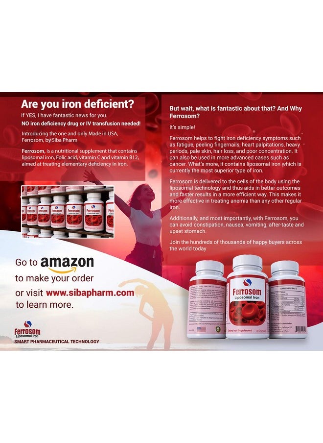 Ferrosom - L Iron Supplements By Siba Pharm ; Ferrosom Dietry Iron Vitamins Supplement ; Rich In Vitamin C B12 Folic Acid; Non Gmo Vegan Premium Quality; Helps New Blood Cell Production ; 30 Capsules - Image 1