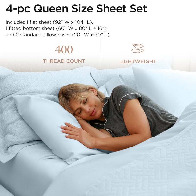 Threadmill Egyptian Cotton Queen Sheet Set | 100% Certified Egyptian Cotton Bed Sheets for Queen Size Bed | Snug Fit Deep Pocket Queen Bed Sheets Set | Soft Cooling Sateen Bedding Set | Light Blue - Image 2