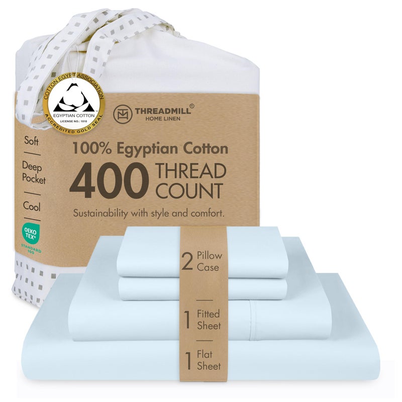 Threadmill Egyptian Cotton Queen Sheet Set | 100% Certified Egyptian Cotton Bed Sheets for Queen Size Bed | Snug Fit Deep Pocket Queen Bed Sheets Set | Soft Cooling Sateen Bedding Set | Light Blue - Image 1