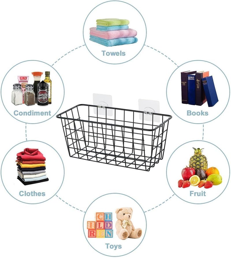 Azonee 2 Pcs Kitchen Hanging Baskets, Wall Mounted Storage Basket Kitchen Hanging Organizer Basket with Self-adhesive Stickers, Metal Organizer Basket for Cabinet, Kitchen, Pantry, Bathroom (Black) - Image 2