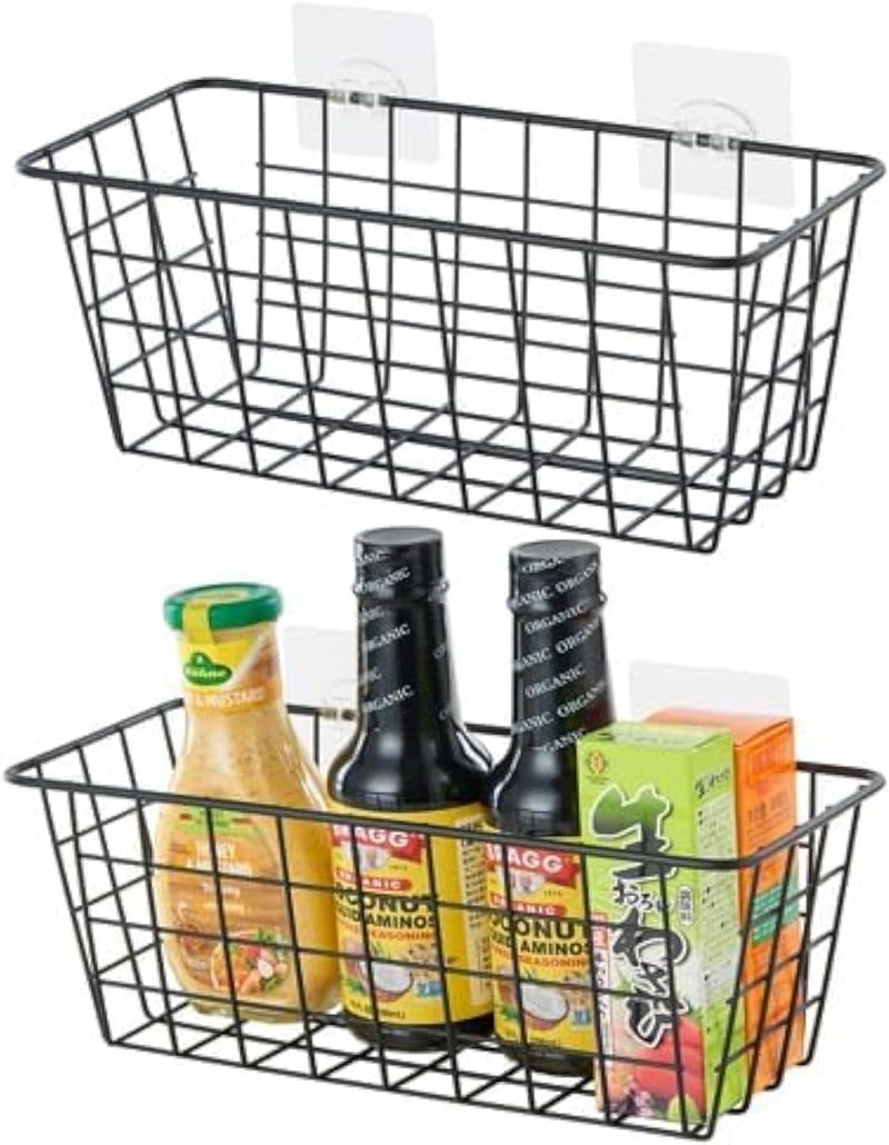 Azonee 2 Pcs Kitchen Hanging Baskets, Wall Mounted Storage Basket Kitchen Hanging Organizer Basket with Self-adhesive Stickers, Metal Organizer Basket for Cabinet, Kitchen, Pantry, Bathroom (Black) - Image 1