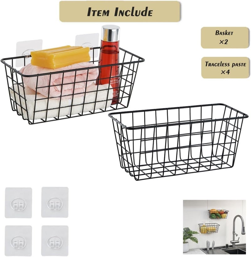 Azonee 2 Pcs Kitchen Hanging Baskets, Wall Mounted Storage Basket Kitchen Hanging Organizer Basket with Self-adhesive Stickers, Metal Organizer Basket for Cabinet, Kitchen, Pantry, Bathroom (Black) - Image 4