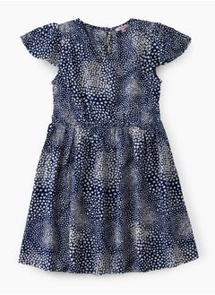 Girls' Navy Blue Printed Viscose Dress with Flutter Sleeves
