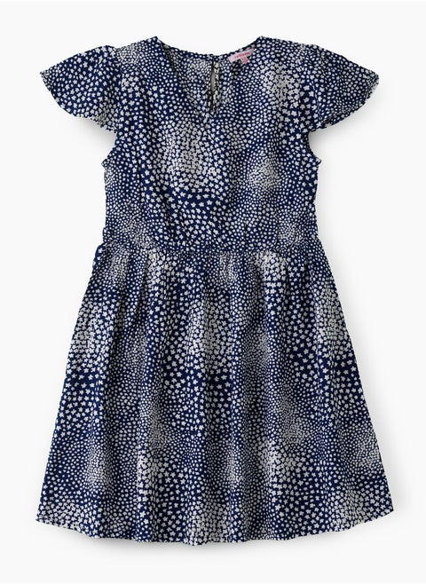 Girls' Navy Blue Printed Viscose Dress with Flutter Sleeves
