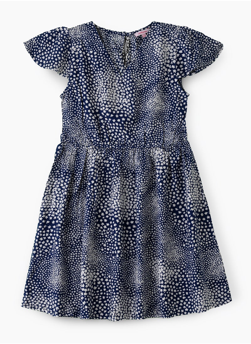 Jelliene Girls' Navy Blue Printed Viscose Dress with Flutter Sleeves  - Image 1
