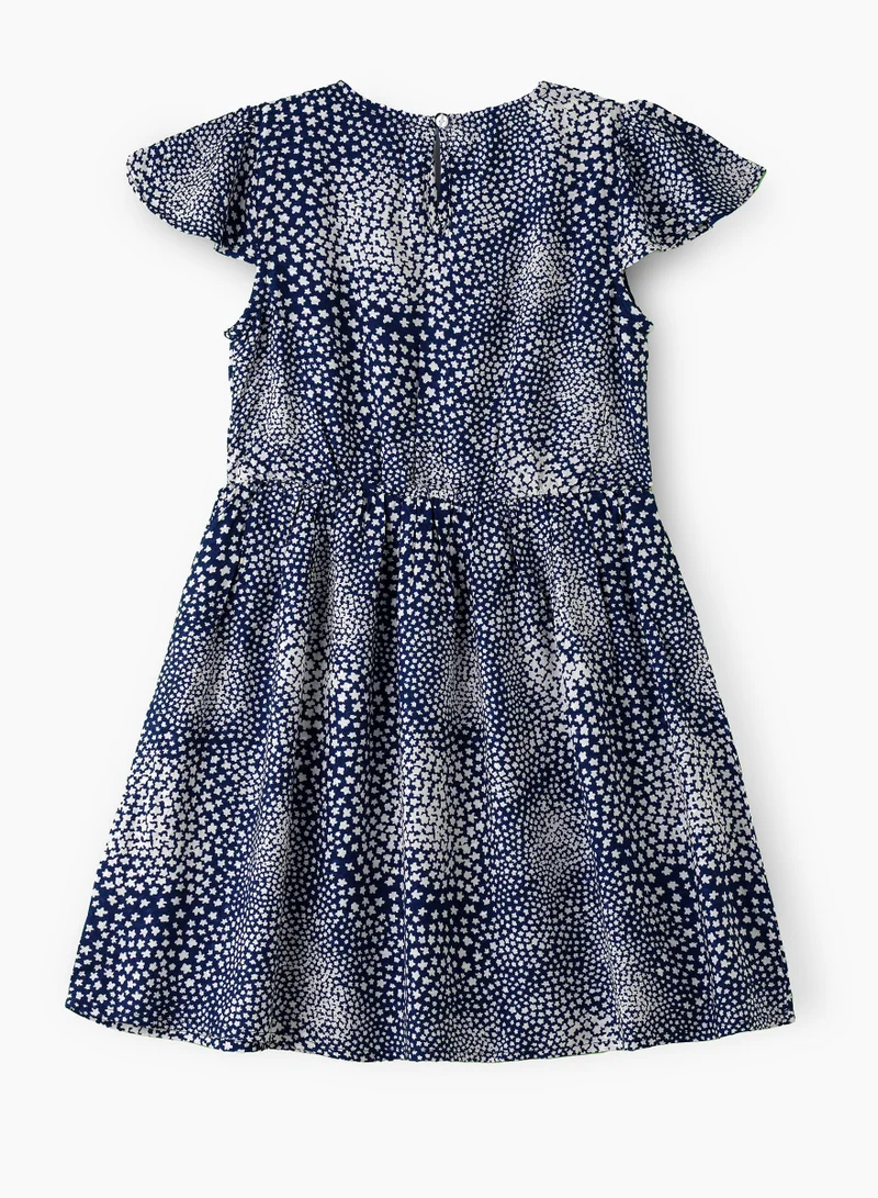 Jelliene Girls' Navy Blue Printed Viscose Dress with Flutter Sleeves