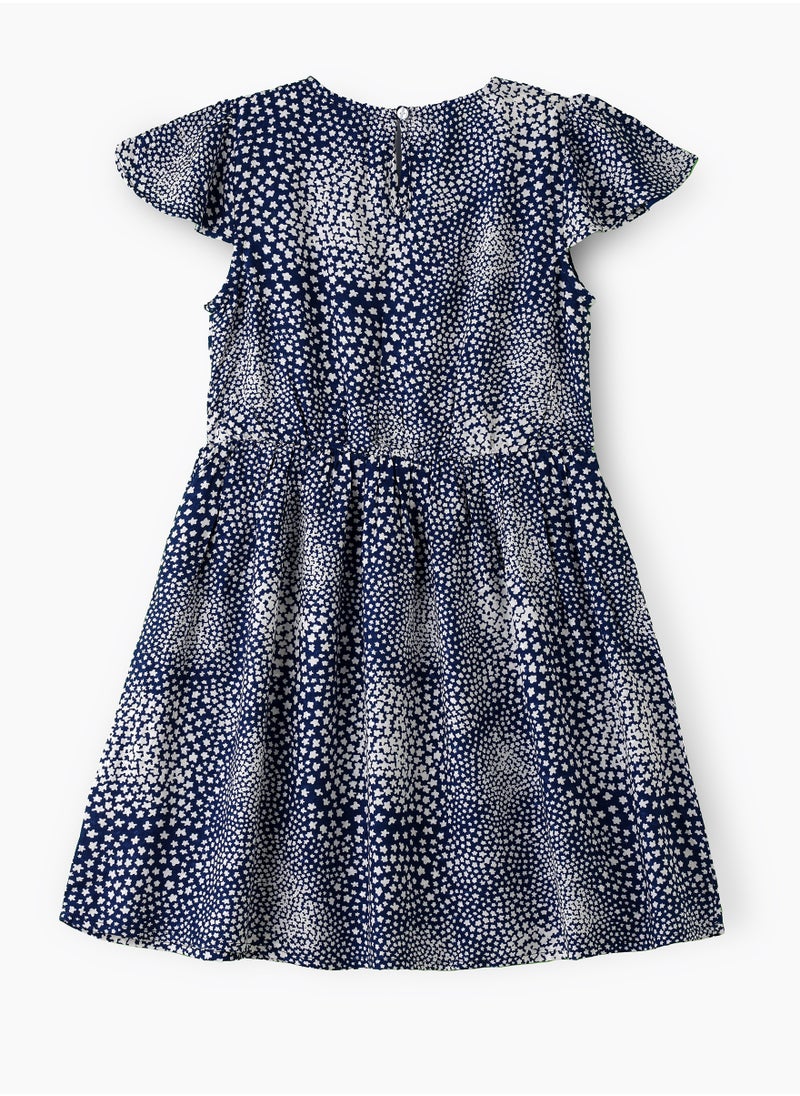 Jelliene Girls' Navy Blue Printed Viscose Dress with Flutter Sleeves  - Image 2