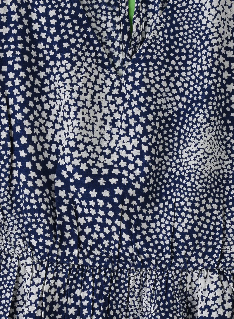 Jelliene Girls' Navy Blue Printed Viscose Dress with Flutter Sleeves