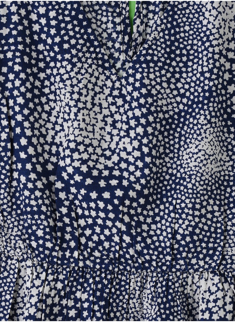 Jelliene Girls' Navy Blue Printed Viscose Dress with Flutter Sleeves  - Image 3