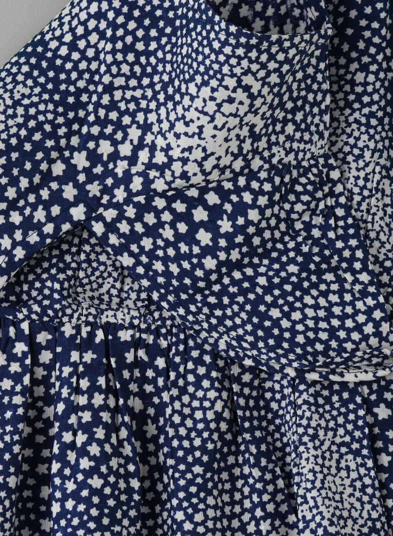 Jelliene Girls' Navy Blue Printed Viscose Dress with Flutter Sleeves