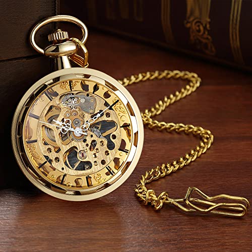 VIGOROSO Mens Steampunk Pocket Watch with Chain Skeleton Manual Hand Wind Mechanical Watches for Men, Gift for Husband - Image 2
