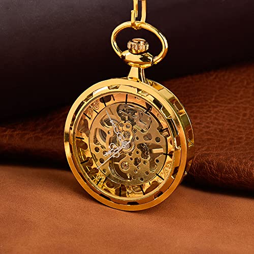VIGOROSO Mens Steampunk Pocket Watch with Chain Skeleton Manual Hand Wind Mechanical Watches for Men, Gift for Husband - Image 4