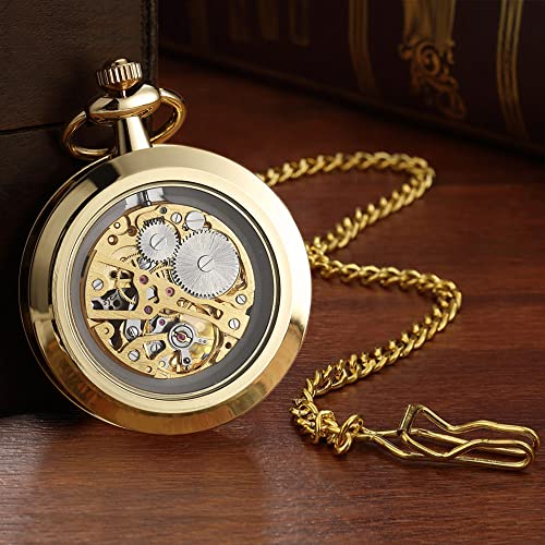 VIGOROSO Mens Steampunk Pocket Watch with Chain Skeleton Manual Hand Wind Mechanical Watches for Men, Gift for Husband - Image 3