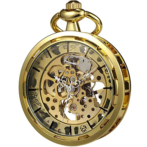 VIGOROSO Mens Steampunk Pocket Watch with Chain Skeleton Manual Hand Wind Mechanical Watches for Men, Gift for Husband - Image 1