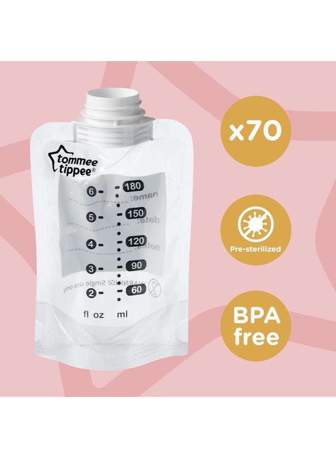 Breast Milk Pouches (70 Count) Compatible with All Leading Breast Pumps and Bottle Nipples, BPA-Free