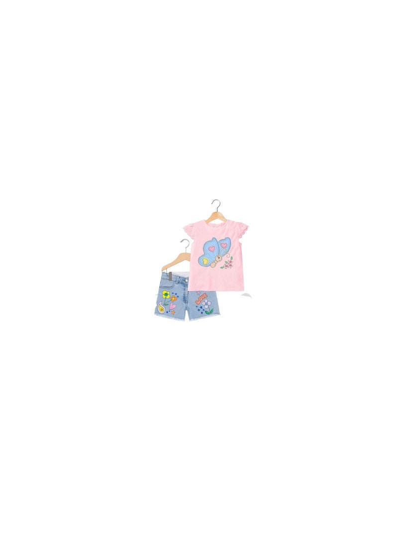 Generic - Girls' outing set consisting of a pink T-shirt and jeans shorts - Image 1