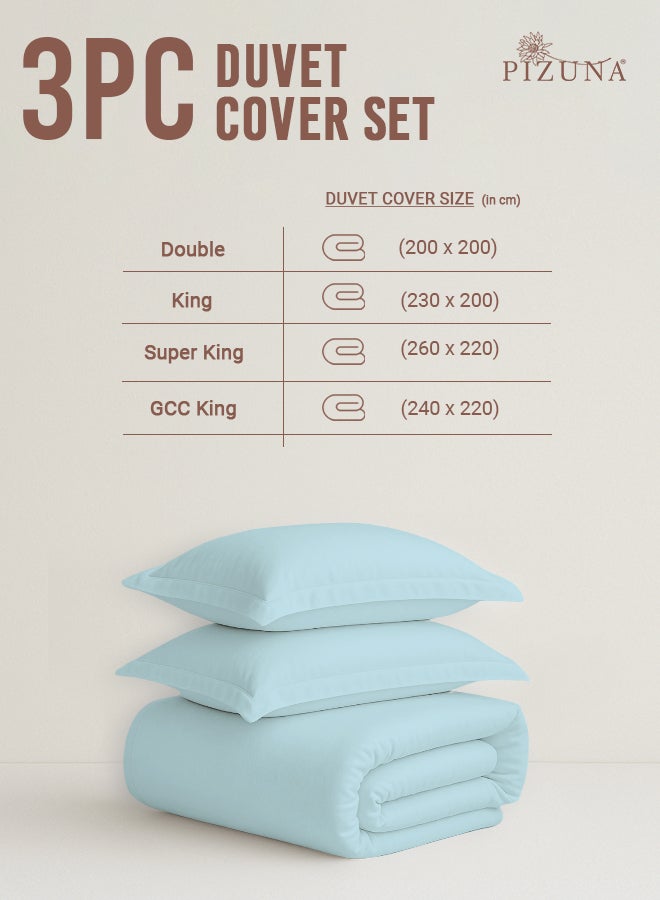 PIZUNA Pure Combed Cotton Duvet Cover King 260x220 cm, Baby Blue, 400 Thread Count Cool Breathable 100% Long Staple Cotton Sateen Weave Quilt Cover with 2 Pillowcases (Luxurious Bedding Set) - Image 3