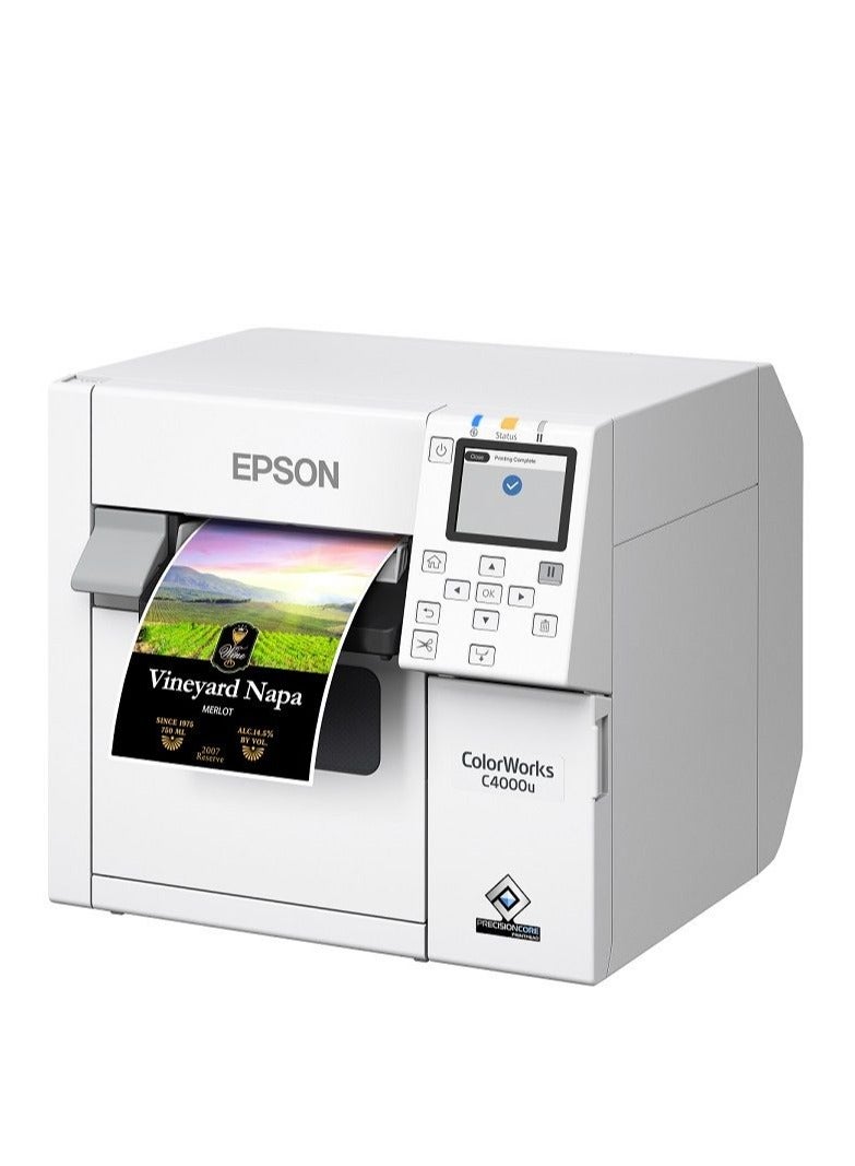 طابعة ملصقات ملونة من إبسون ColorWorks C4000e (bk) بدقة 1200 x 1200 نقطة في البوصة - USB، مضيف USB - قاطع، ZPL II، Apple macOS، Linux، Microsoft مع برنامج Nice Label ومجموعة واحدة من الأحبار