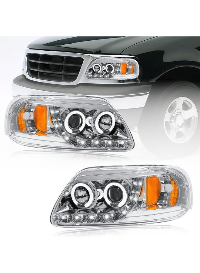 Fullux LED Headlights Compatible with 1997-2004 Ford F150 / 1997-1999 F250 / 1997-2002 Expedition Replacements Headlamp Amber Reflector Chrome Housing - Image 1