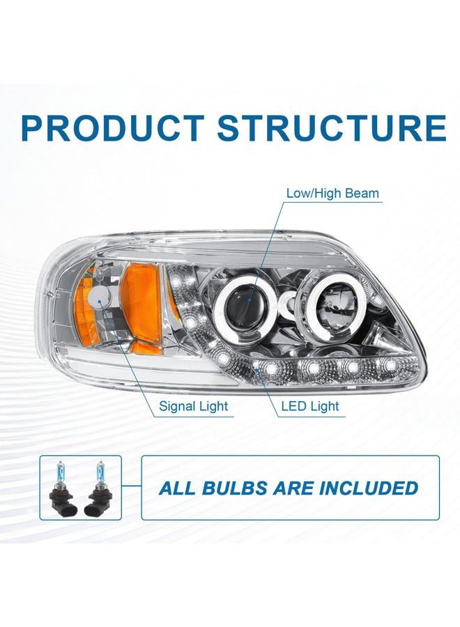 Fullux LED Headlights Compatible with 1997-2004 Ford F150 / 1997-1999 F250 / 1997-2002 Expedition Replacements Headlamp Amber Reflector Chrome Housing - Image 4