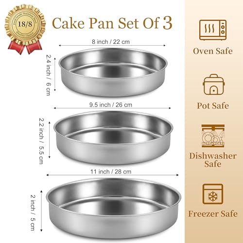 Inqibee Round Stainless Steel Cake Pans Set of 3 (8 inch / 9½ inch / 11 inch), Layer Cake Baking Pan, Perfect for Birthday Wedding Tier Cake, Physics Anti-Stick, Non-Toxic, Dishwasher Safe - Image 3