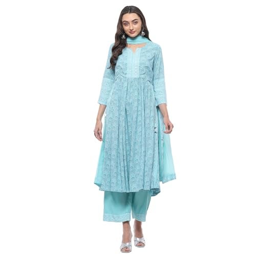 Biba WOMEN PRINTED STRAIGHT SALWAR KURTA DUPATTA(SKDASSORTED7518_TURQUOISE_38) - Image 1
