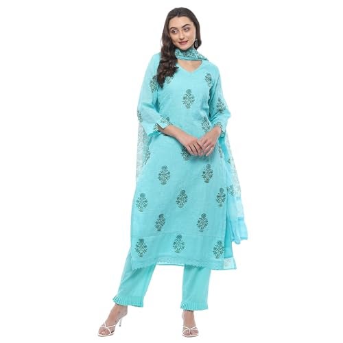 Biba WOMEN PRINTED STRAIGHT SALWAR KURTA DUPATTA(SKDASSORTED7518_TURQUOISE_38) - Image 5