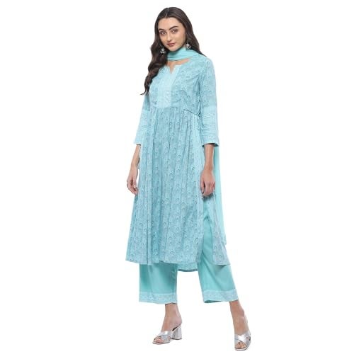Biba WOMEN PRINTED STRAIGHT SALWAR KURTA DUPATTA(SKDASSORTED7518_TURQUOISE_38) - Image 2