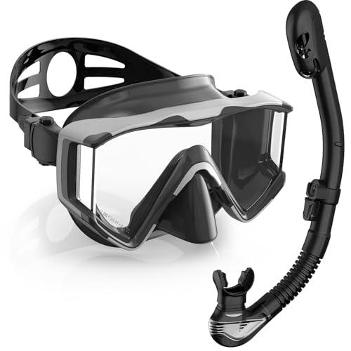 Greatever Snorkel Set Pano 3 Window Snorkel Mask Adult, Panoramic Wide View, Anti-Fog Scuba Diving Mask, Anti-Leak Snorkel Goggles Dry Top Snorkel, Professional Snorkeling Gear for Adults - Image 1