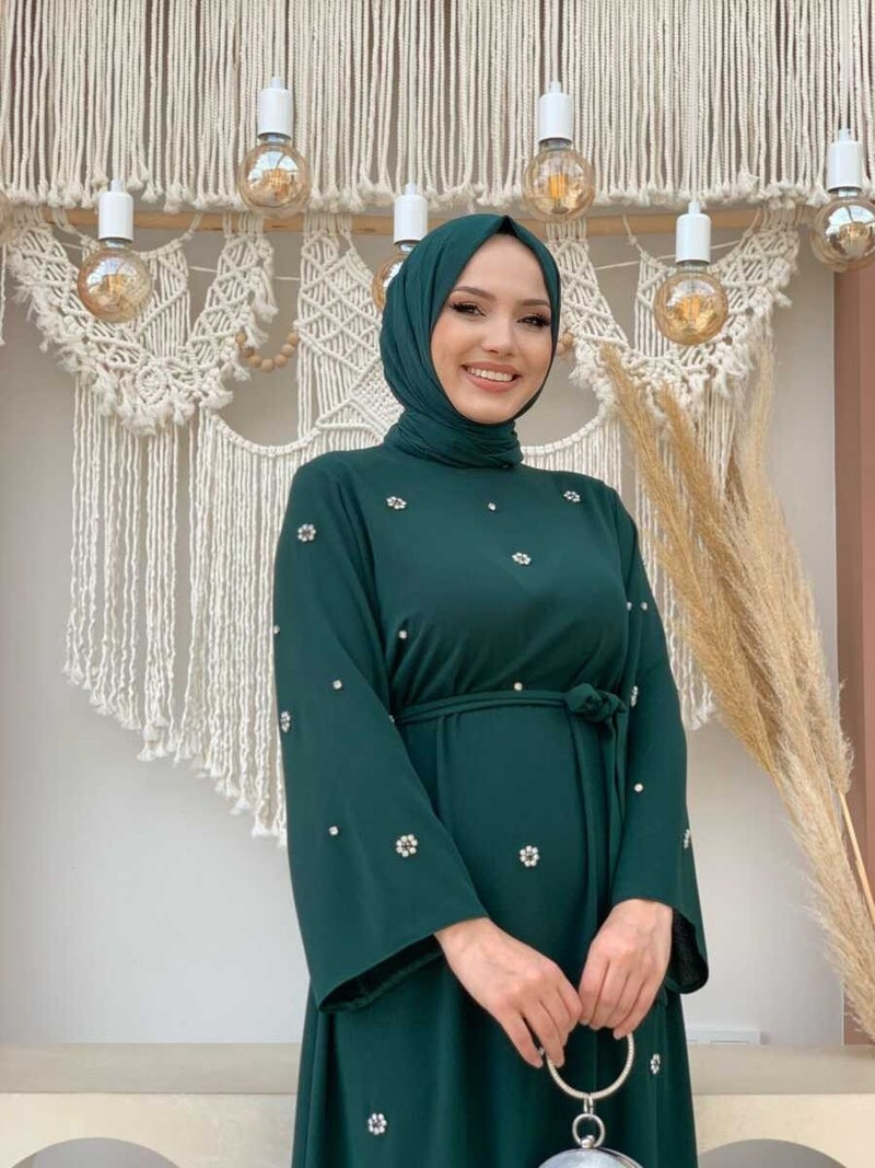 Bym Fashion Bym Stone Detailed Waist Belted Dress 3797 Emerald - Image 4